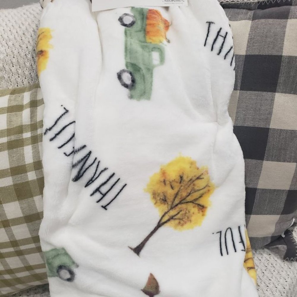 Rae Dunn "Thankful" Green Truck Fall Plush Throw Blanket Collection